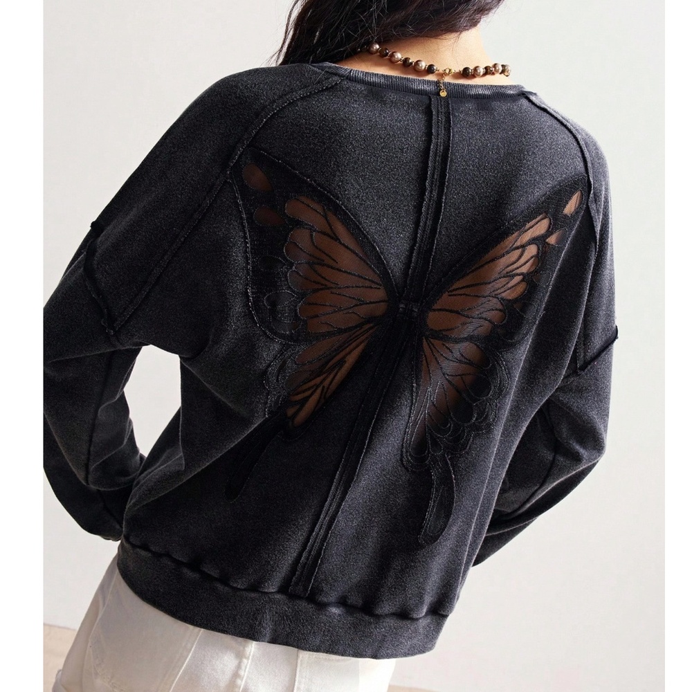 Vintage Wash Butterfly Cut out Reverse Stitch Long Sleeve Top